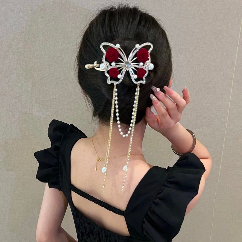 Red Butterfly Pearl Tassel Hairpin