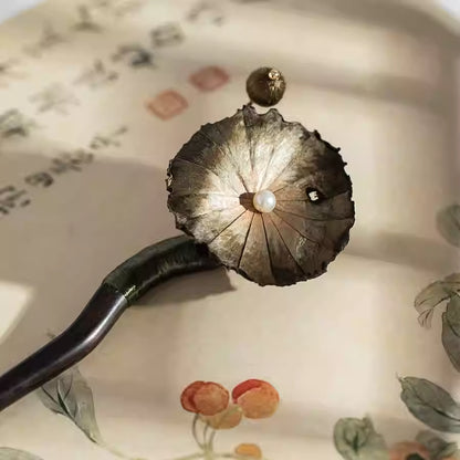 Canhe Lotus Leaf Ebony Wood Hairpin – Handmade Velvet Flower Hanfu Hair Stick for Women