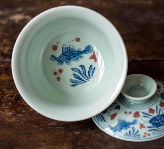 Carp Lotus Blue and White Cover Bowl Tea Cup Set