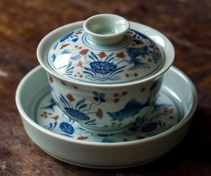 Carp Lotus Blue and White Cover Bowl Tea Cup Set