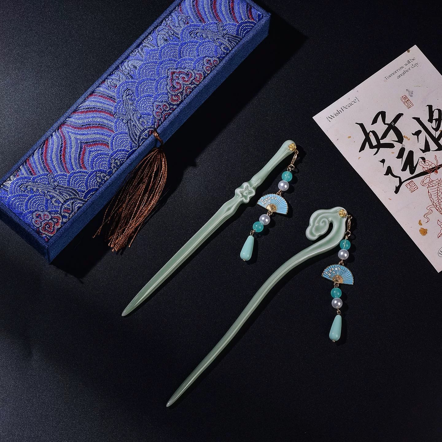 Longquan Celadon Hairpin – New Chinese Style Ceramic Sword &Cloud Ruyi Hair Stick