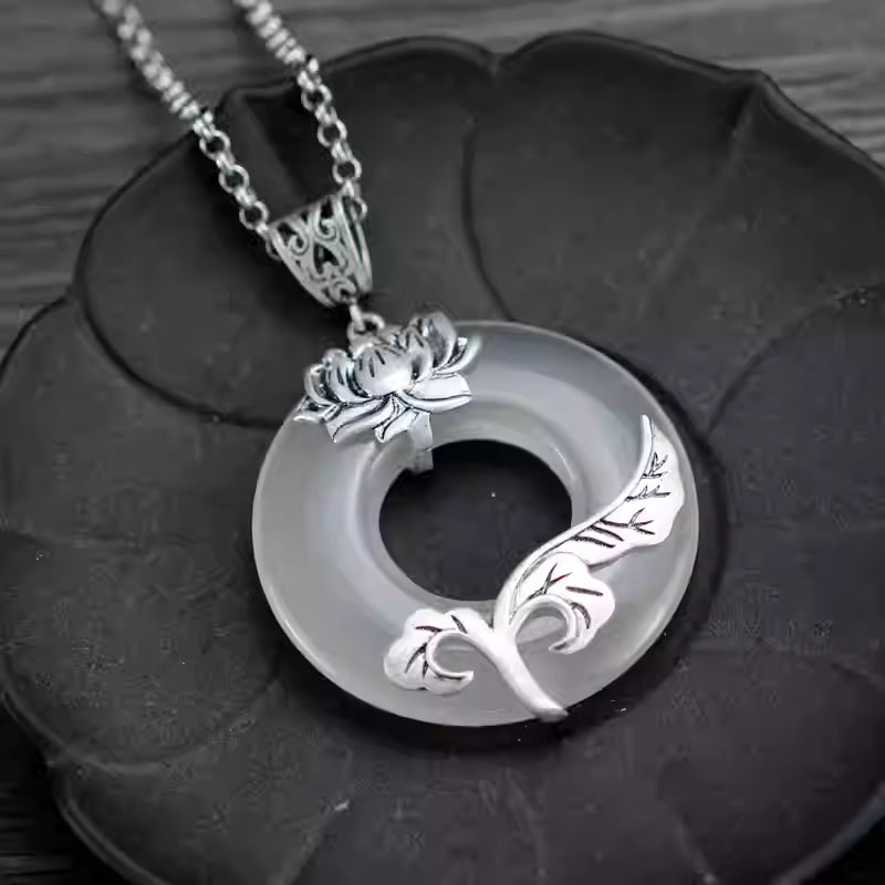 925 Sterling Silver Chalcedony Lotus Pendant – Chinese Style Handcrafted Necklace, Elegant Feng Shui Jewelry for Women