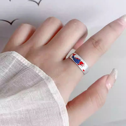 Red Koi Fish Ring – 999 Pure Silver Wide Band Adjustable Ring for Women | Chinese Style Jewelry