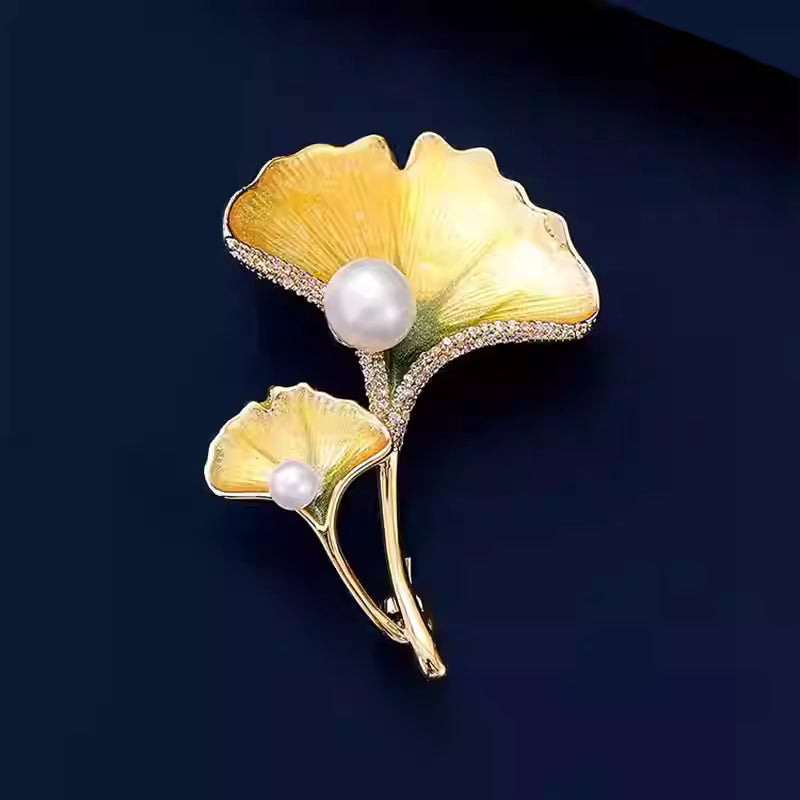 Chinese Enamel Ginkgo Leaf Brooch with Pearl – Elegant Women’s Pin Accessory