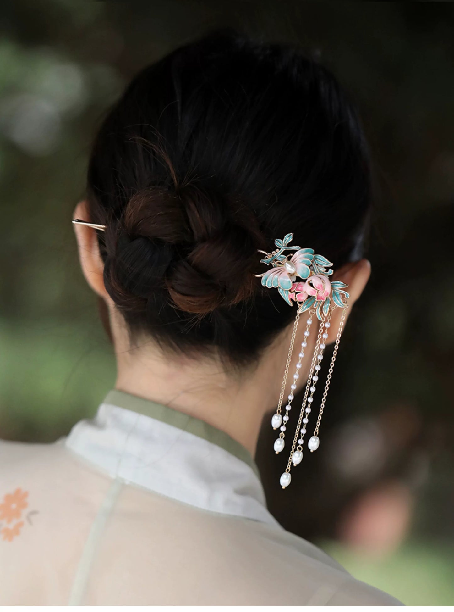 Butterfly  Floral Pearl Tassel Hairpin – New Chinese Style Enamel Buyao Hair Accessory for Hanfu  Mamian Skirt