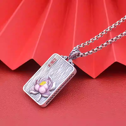 Pink Lotus Cloisonné Peace Pendant Necklace – 999 Sterling Silver Long Chain, Fu Character Back, Chinese Style