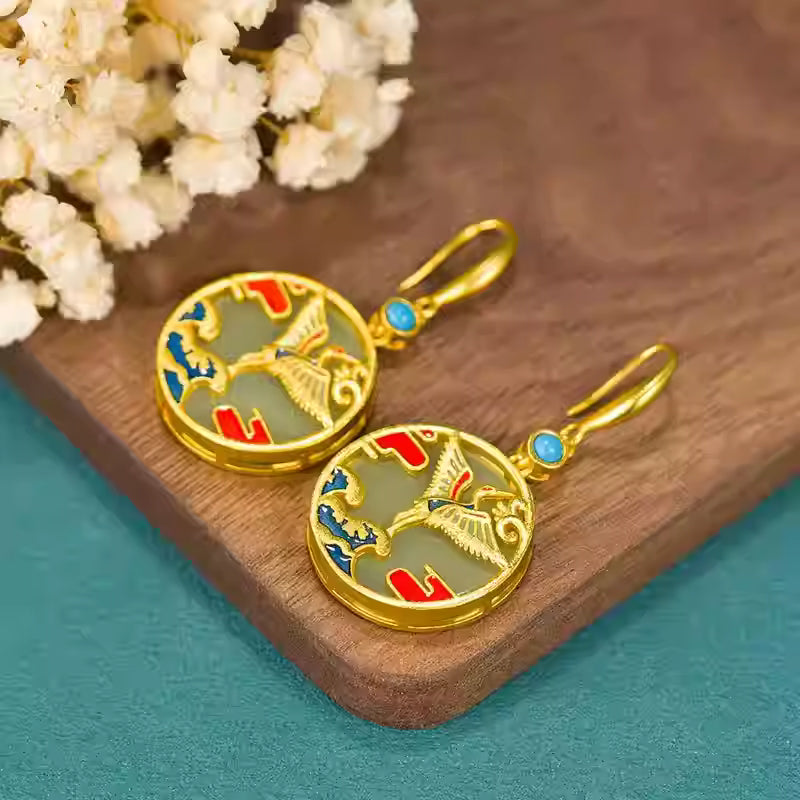 Hetian Jade Crane Earrings with Enamel Inlay – Chinese Style Hanfu Accessory, Elegant Gift for Women