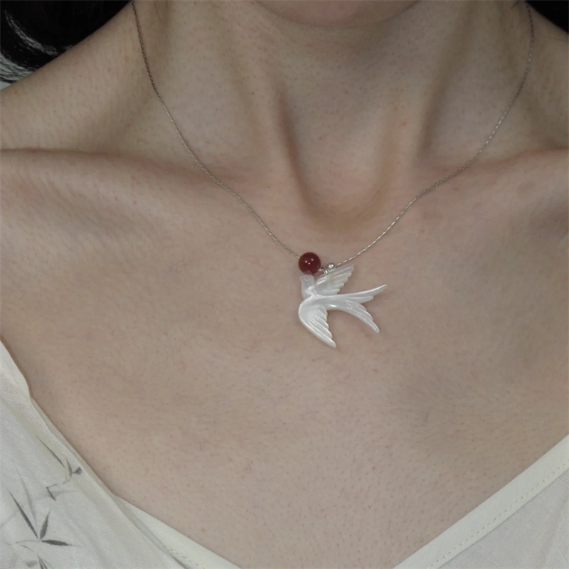 Chinese Feng Bird Necklace – White Shell & Red Agate Minimalist Pendant