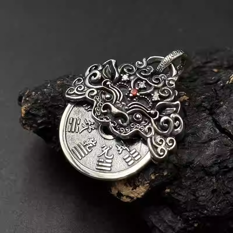 Rotating Bagua (Eight Trigrams) Pi Xiu Pendant Necklace – 925 Sterling Silver Feng Shui Amulet