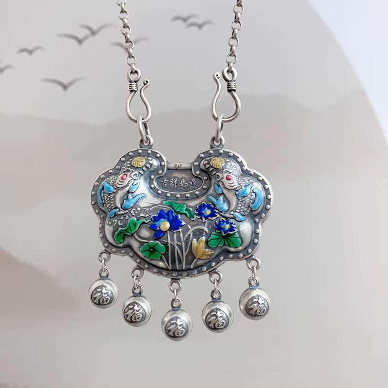 Fish and Lotus Water Play Ruyi Lock Pendant with Tassel – Enamel Lucky Silver Charm | 999 Fine Silver