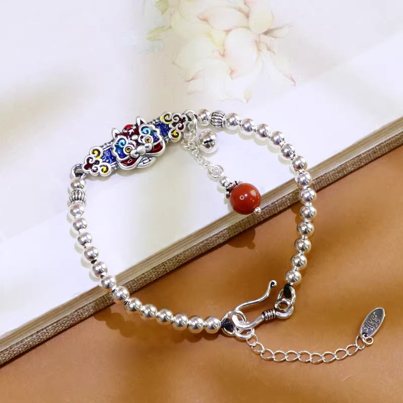 999 Fine Silver Enamel Guardian Lion Bracelet – Vintage Chinese Style Adjustable Lucky Charm Jewelry