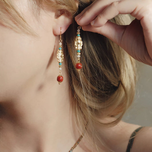 Dunhuang Red Agate Earrings – New Chinese Style Silver Drop Earrings for Hanfu