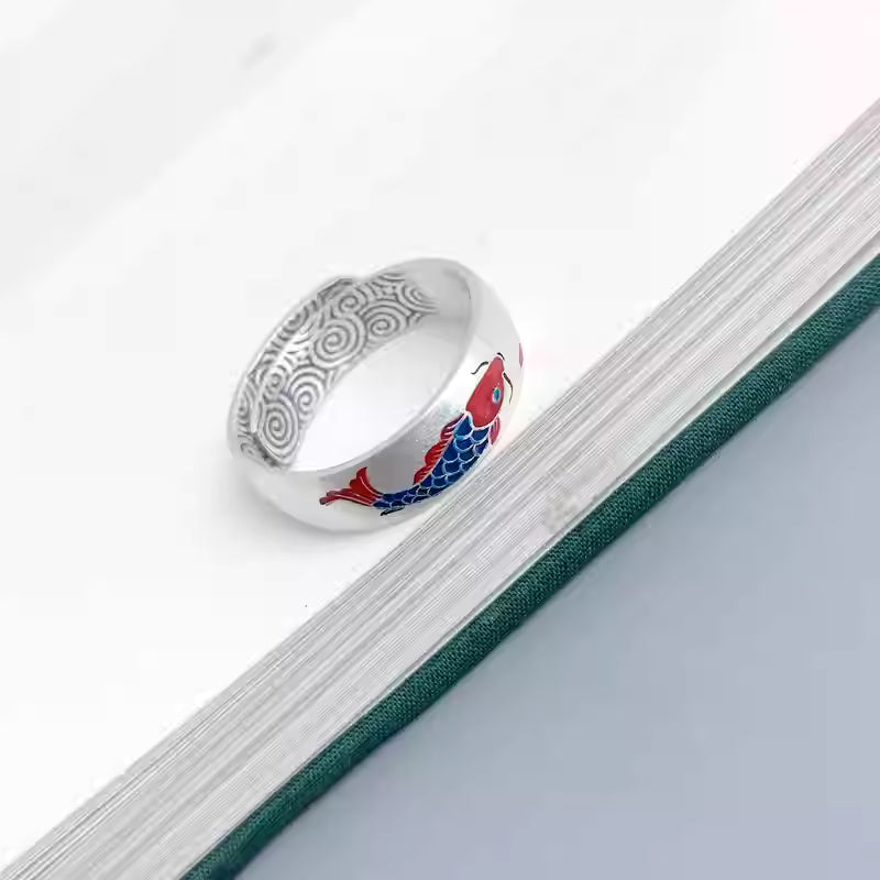 Red Koi Fish Ring – 999 Pure Silver Wide Band Adjustable Ring for Women | Chinese Style Jewelry