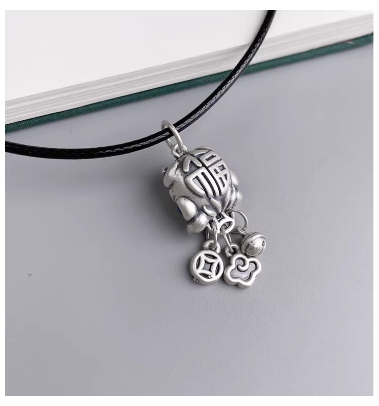 999 Sterling Silver Lion Dance Tassel Necklace – Unisex Pendant with Cloisonné Blue, Copper Coin & Bell, Chinese Feng Shui Jewelry