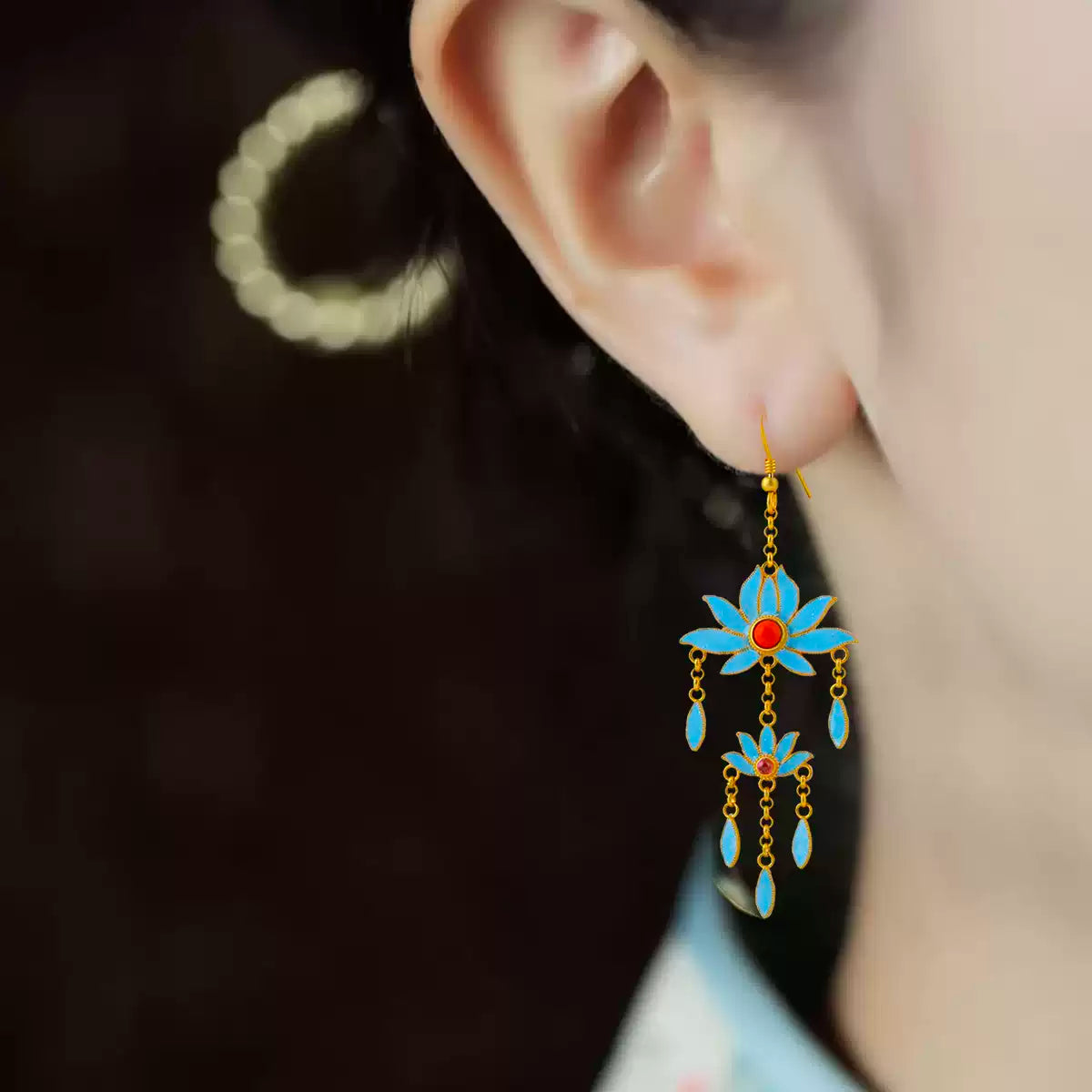 Oriental Lotus Flower Earrings – New Chinese Style Enamel Jewelry Gift for Women