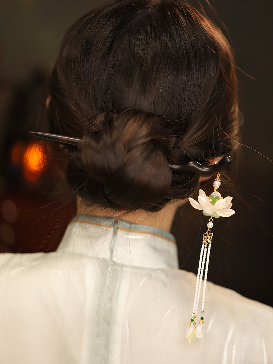 Black Ebony Lotus Long Tassel Hairpin – New Chinese Style Hanfu Hair Accessory