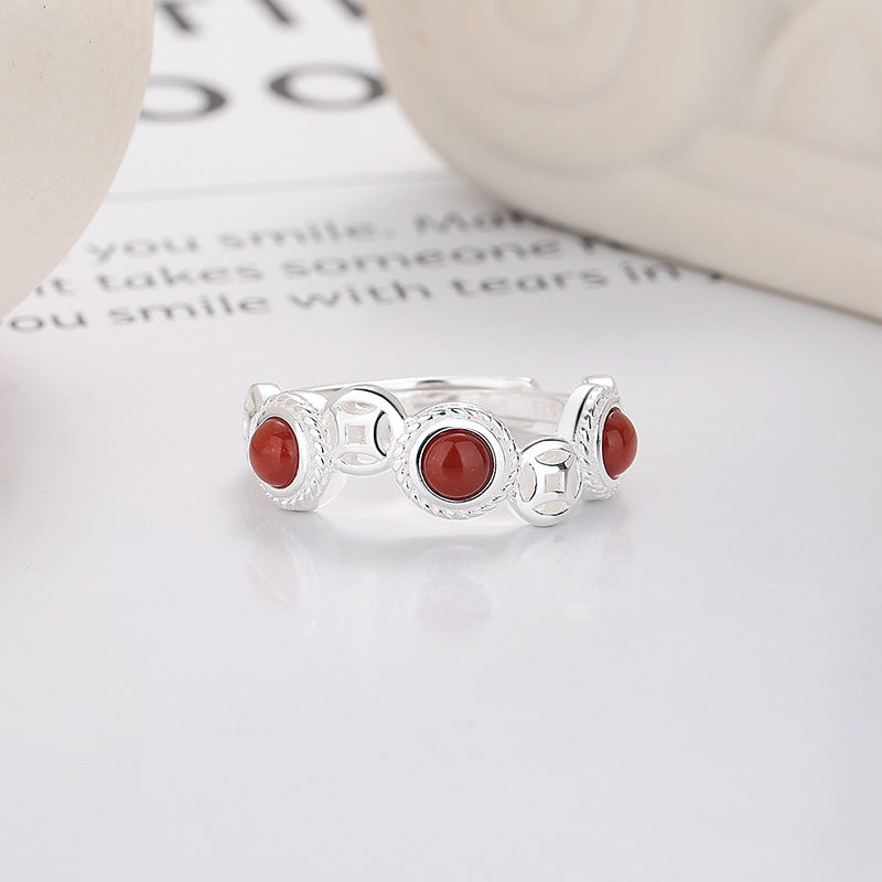 Chinese Lucky Coin Red Agate Ring - 925 Sterling Silver Adjustable Wealth Ring