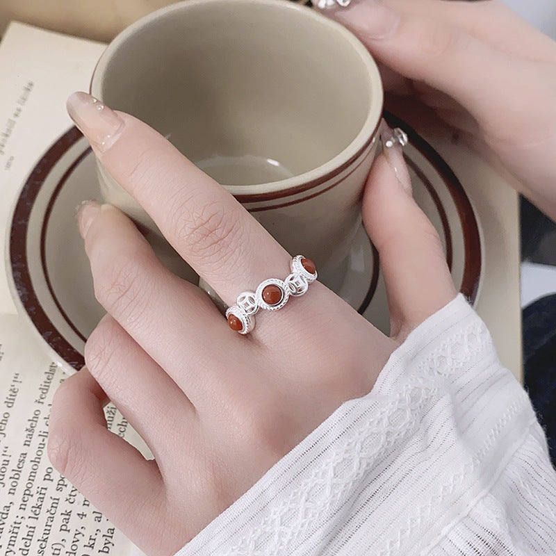 Chinese Lucky Coin Red Agate Ring - 925 Sterling Silver Adjustable Wealth Ring