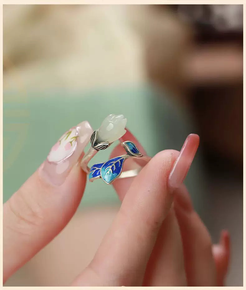 Handcrafted Magnolia Blossom Ring in 925 Sterling Silver  Hetian Jade – Vintage Chinese Cloisonné Enamel Adjustable Ring