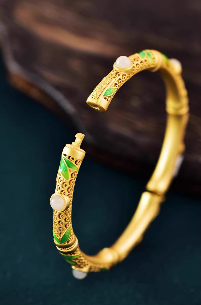 Vintage Gold Bamboo Pattern Bangle – 925 Silver Thick Gold-Plated Open Bracelet for Women