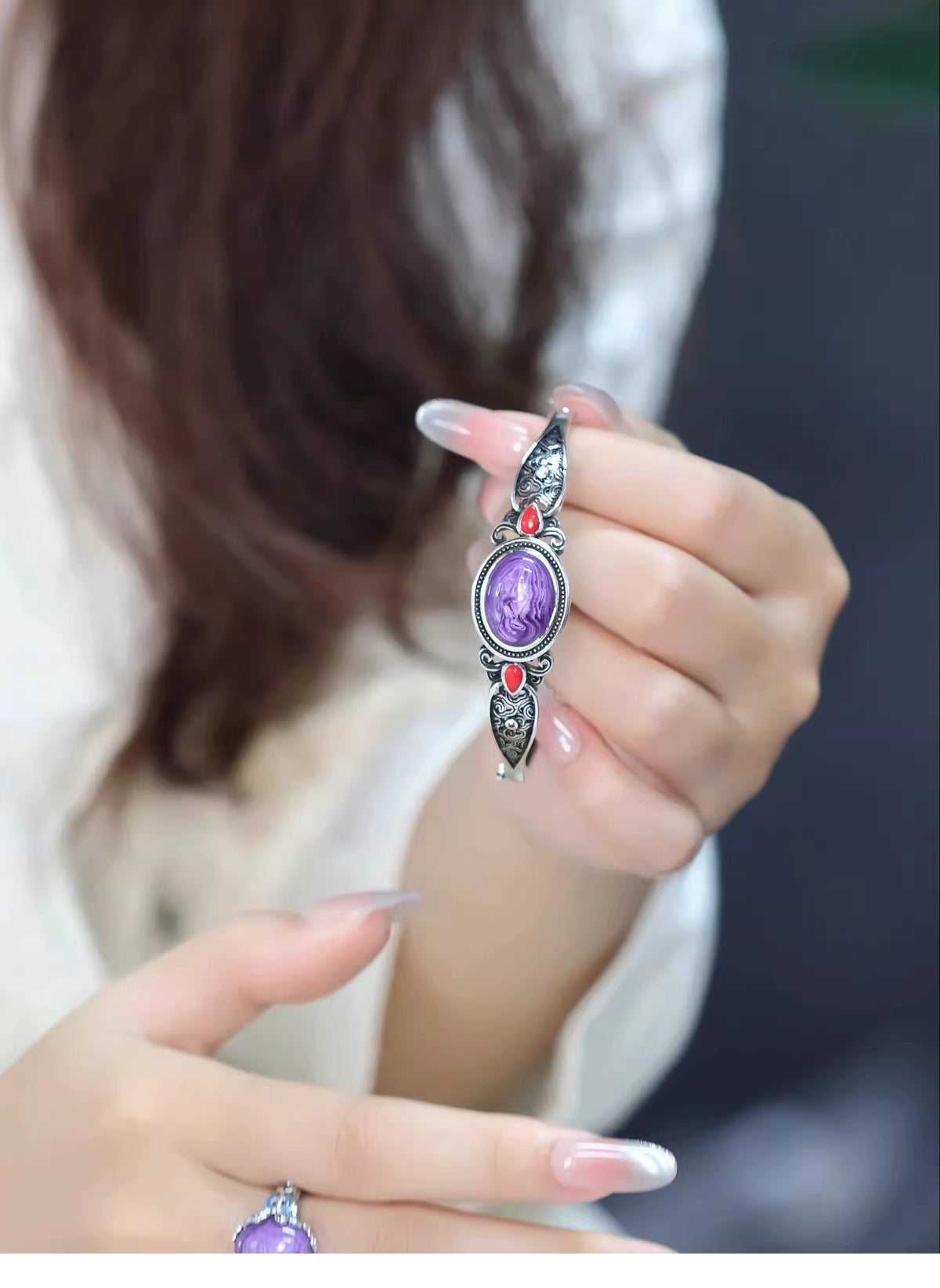 Purple Gemstone Adjustable Bangle – Ziqi Donglai New Chinese Style Open Cuff Bracelet for Women | Vintage Palace & Ethnic Jewelry