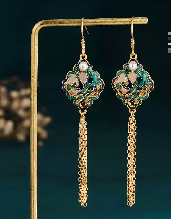 Chinese Ruyi Jade Tassel Earrings – Vintage Palace Style Long Drop Earrings