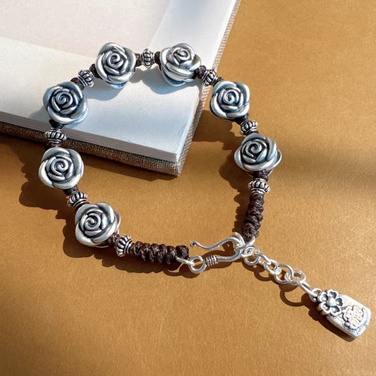 999 Fine Silver 3D Rose Bracelet – Handmade New Chinese Style Adjustable Lucky Bracelet