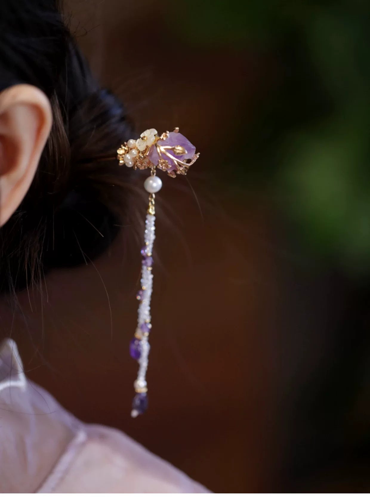 New Chinese Style Amethyst Pearl Tassel Hairpin – Elegant Hanfu Qipao Hair Ornament
