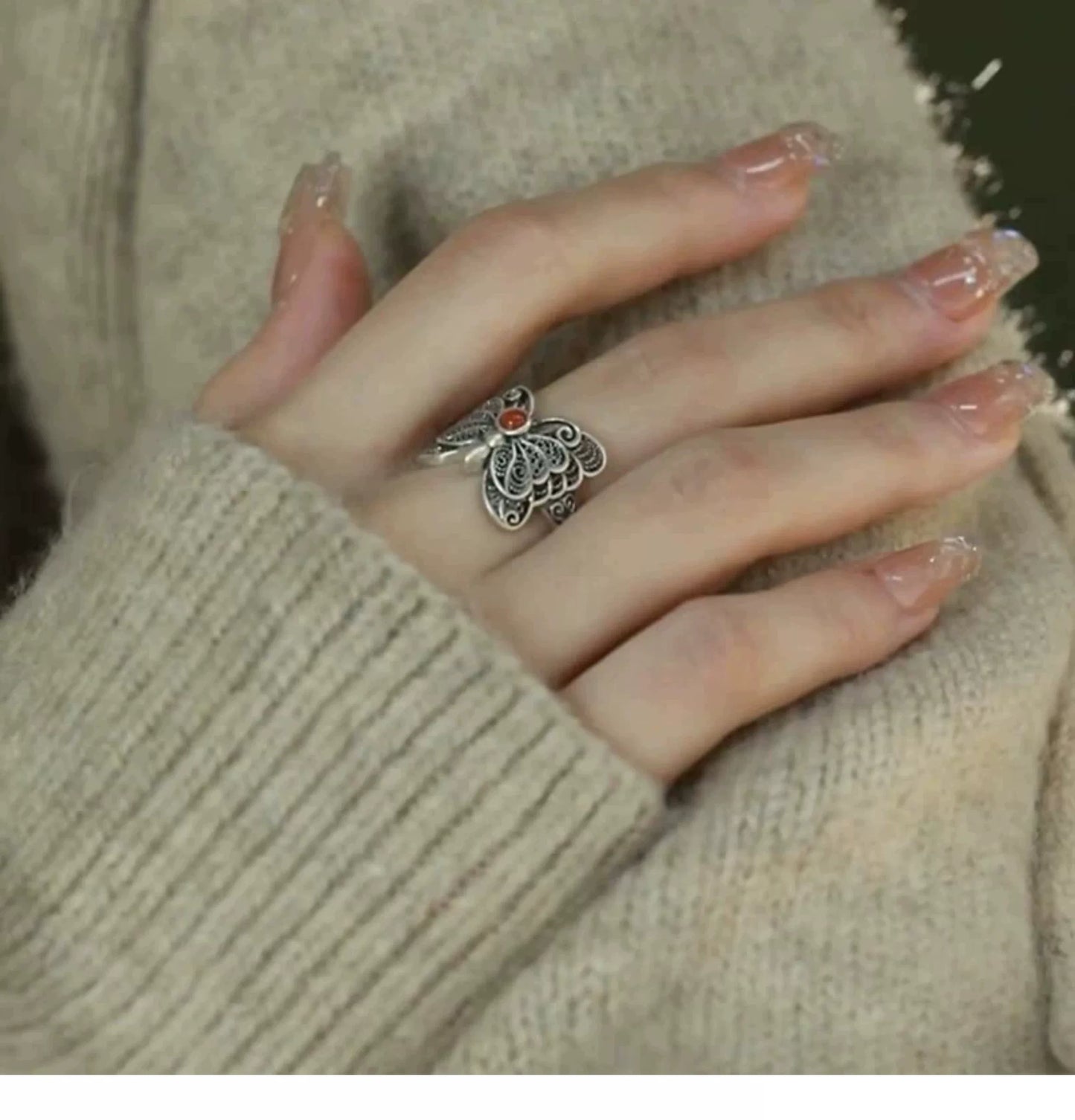 925 Sterling Silver Filigree Red Agate Butterfly Ring – Adjustable Vintage Chinese Style Statement Ring