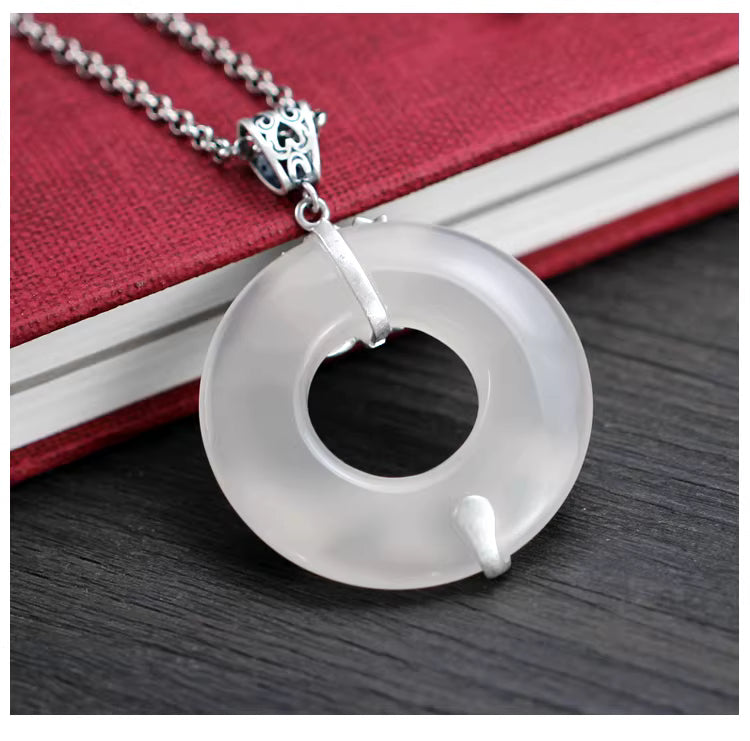 925 Sterling Silver Chalcedony Lotus Pendant – Chinese Style Handcrafted Necklace, Elegant Feng Shui Jewelry for Women
