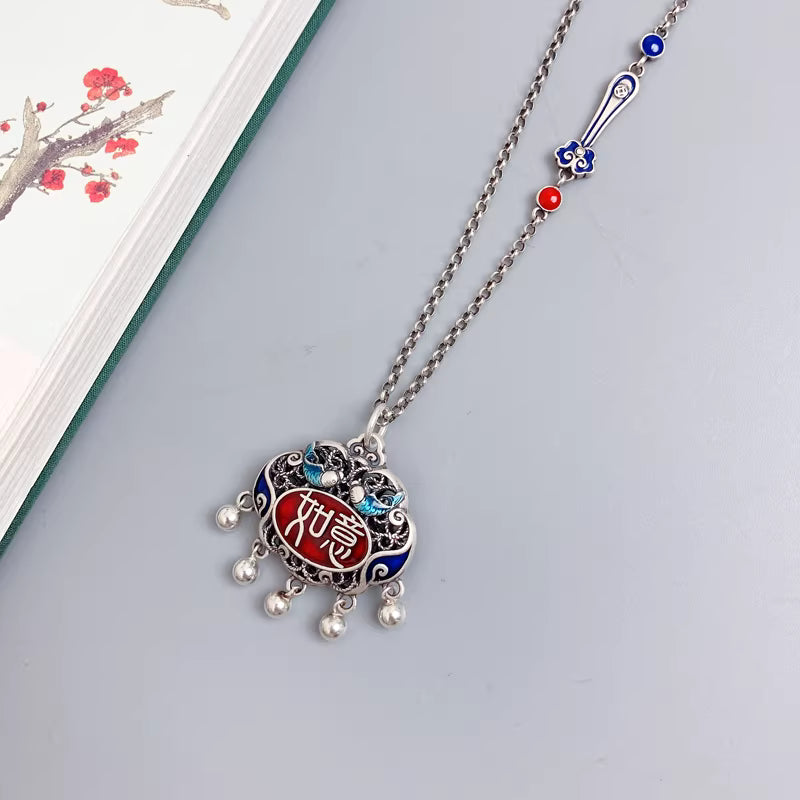 Double Fish Ruyi Peace Lock Pendant Necklace with Tassel – Enamel Feng Shui Charm