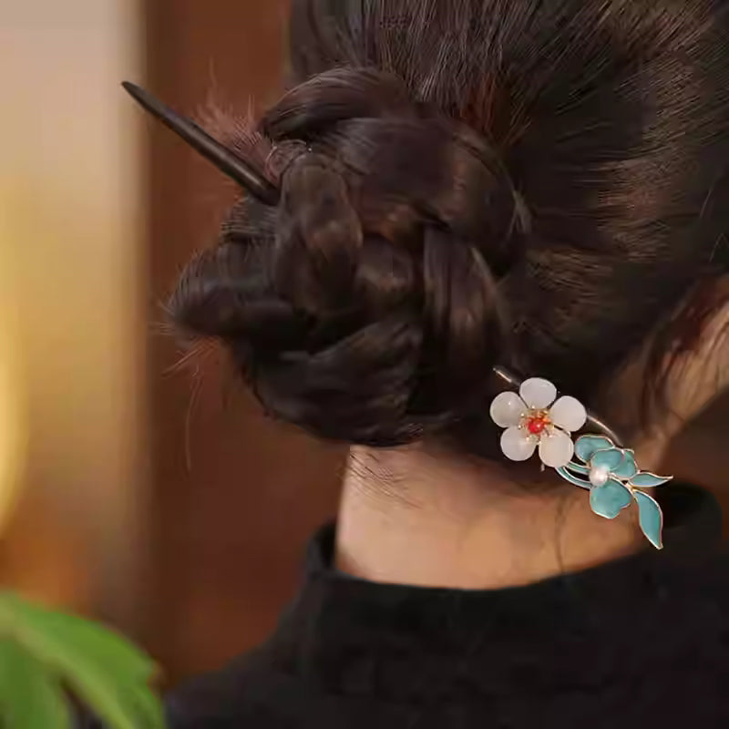 Chinese Style Ebony Wood Hairpin with White Flowers and Pearl – Elegant Traditional Hair Accessory for Women