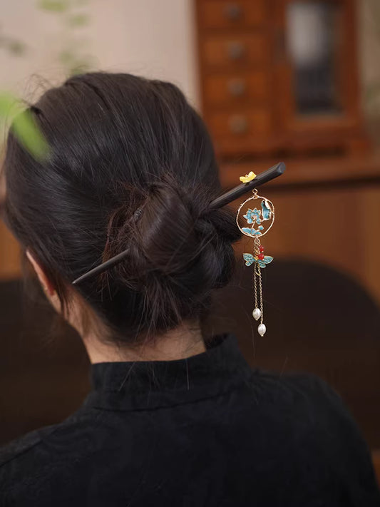Chinese Style Ebony Wood Lotus Dragonfly Hairpin with Tassel – Peacock Blue Hanfu Hair Accessory for Women