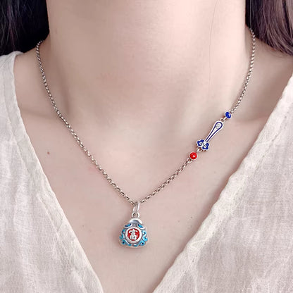 Glücks-Reichtumsbeutel-Anhänger Halskette mit Ruyi-Kette – Emaille Blaue Brenntechnik