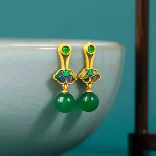 Chinese Enamel Ruyi Cloud Stud Earrings with Natural Green Chalcedony – S925 Silver
