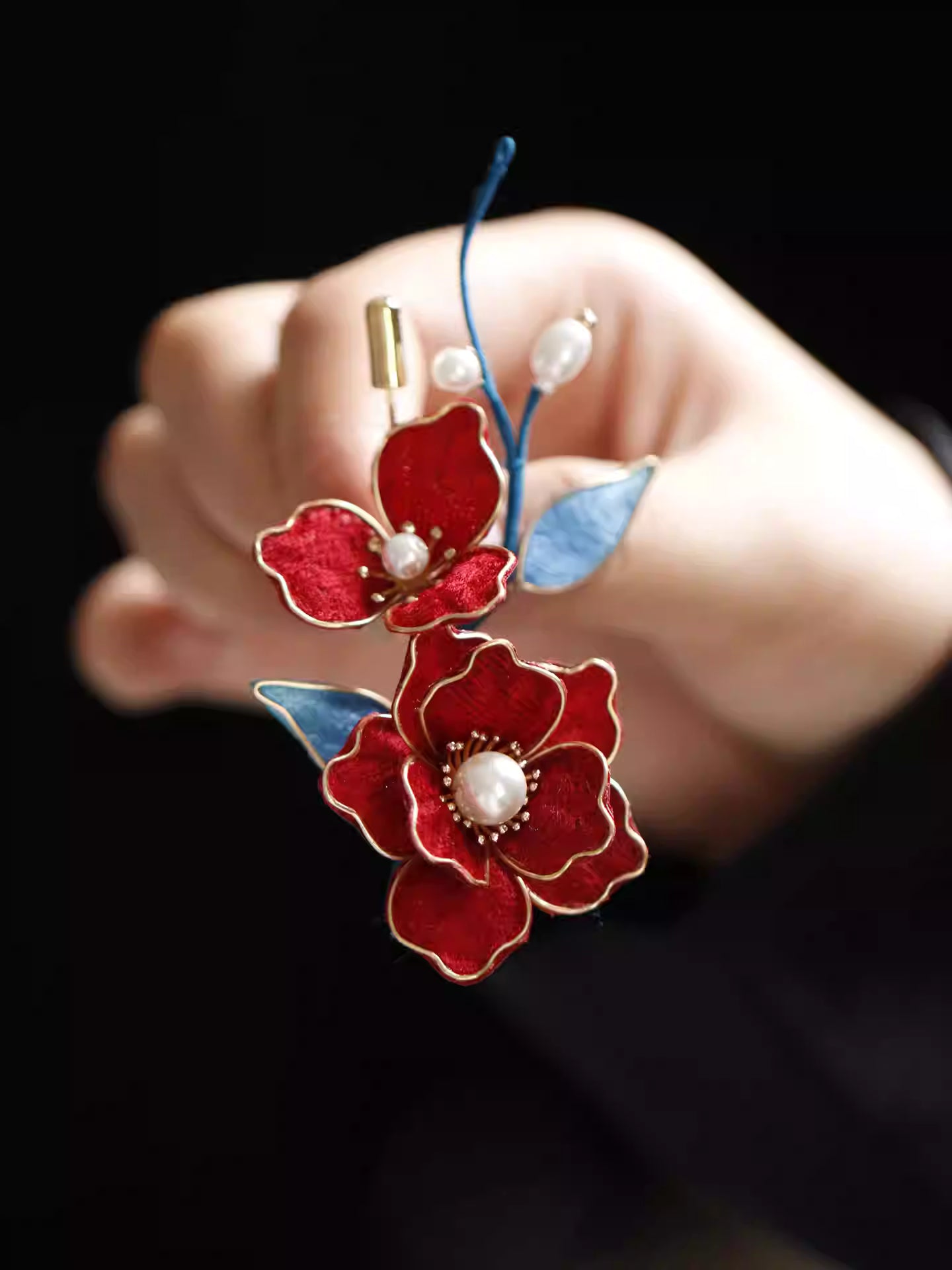 Red Camellia Filigree Brooch - Handmade Chinese Qipao Accessory, Elegant Pearl Accent Pin for Women