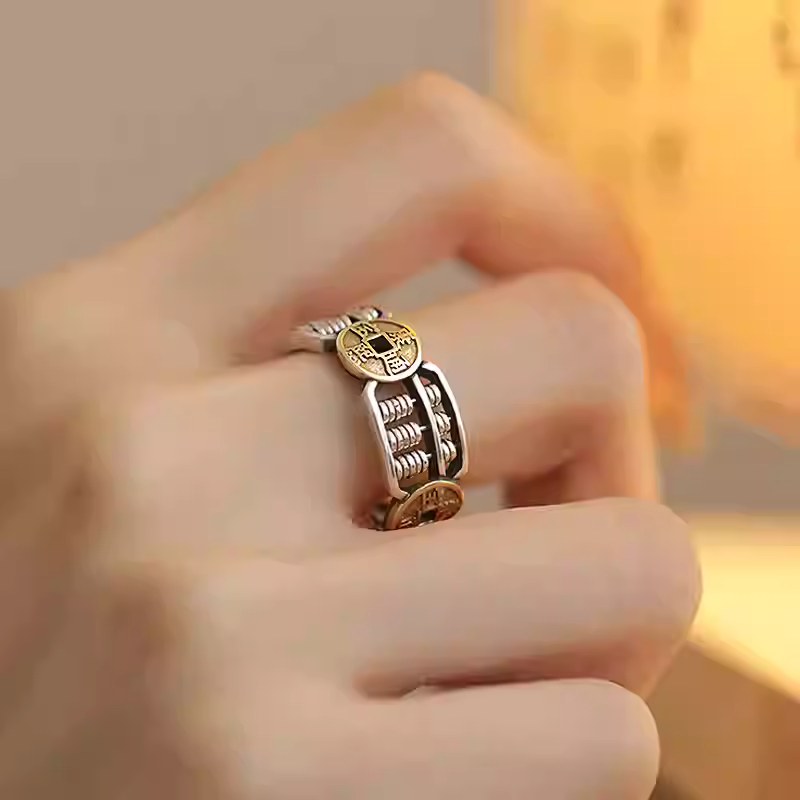 925 Silver Chinese Fortune Coin Abacus Ring – Adjustable Feng Shui Wealth Ring for Men and Women