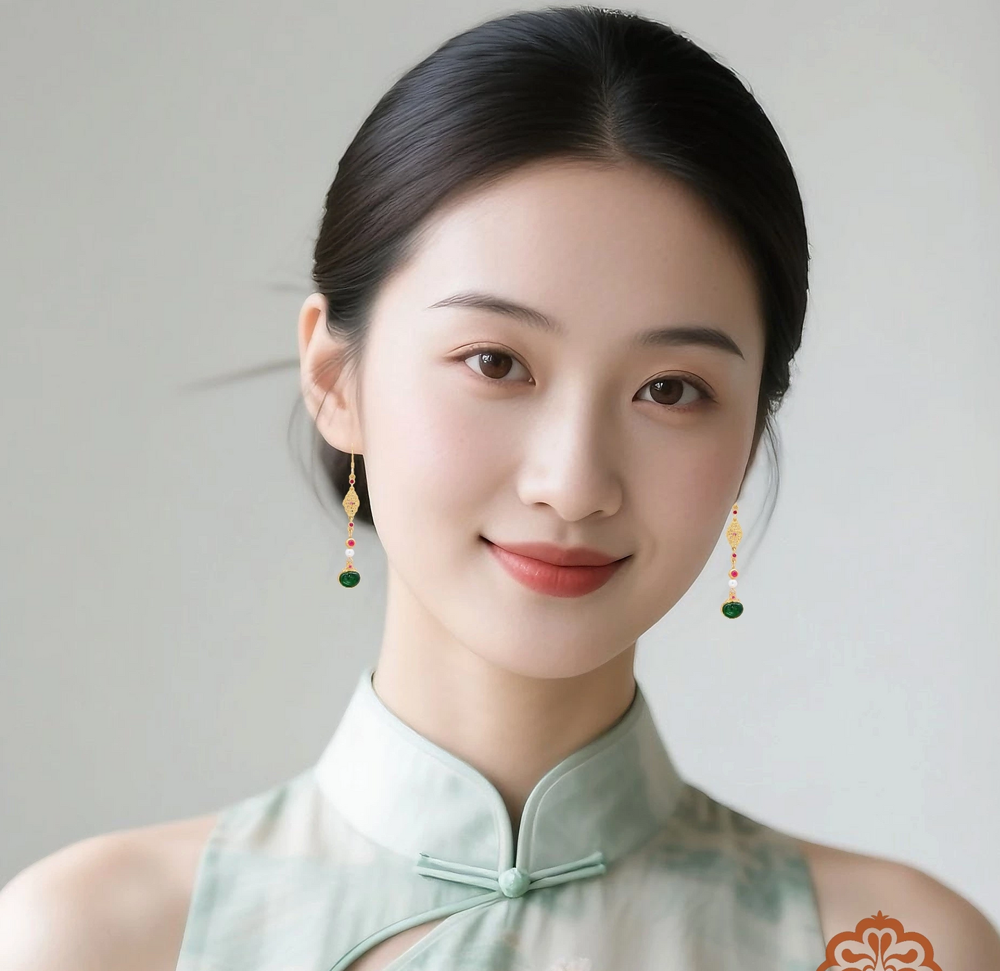 Natural Green Jade Ruyi Earrings – Elegant Oriental Pearl Earrings for Hanfu Styling