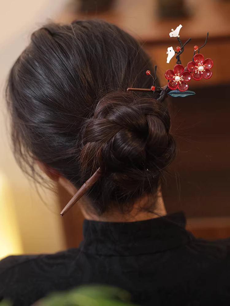 Chinese Magpie Plum Blossom Hairpin with Red Glaze – Sandalwood Wedding Hair Accessory for Women