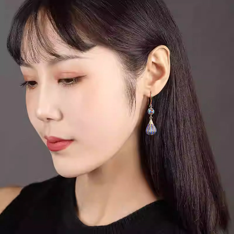 Blue Cloisonné Drop Earrings for Women – Vintage Chinese Style Long Dangle Jewelry
