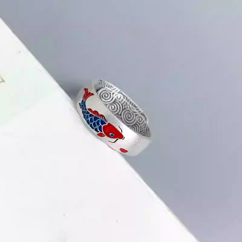 Red Koi Fish Ring – 999 Pure Silver Wide Band Adjustable Ring for Women | Chinese Style Jewelry