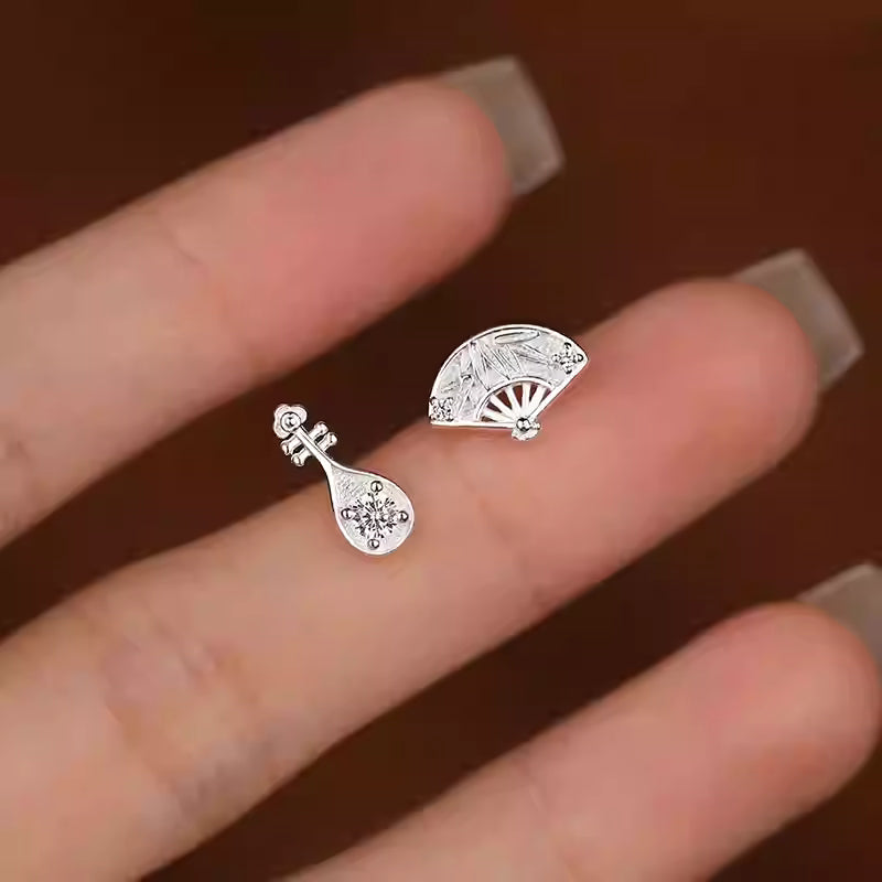 S925 Sterling Silver Asymmetric Fan & Pipa Stud Earrings for Women – Retro Chinese Style Jewelry