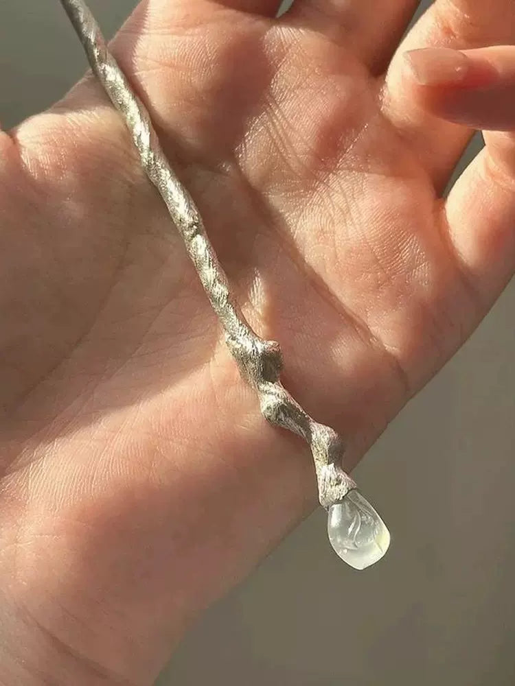 Elegant Crystal Silver Hairpin – New Chinese Style Textured Branch Hair Ornament