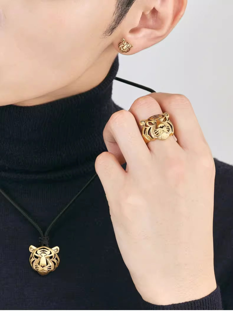 New Chinese Style Tiger Head Ring – Brass Hollow Zodiac Statement Jewelry