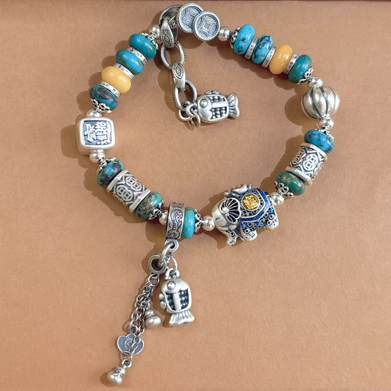 Chinese Turquoise & Beeswax Tassel Bracelet – Handmade Feng Shui Jewelry for Protection, Balance & Good Fortune