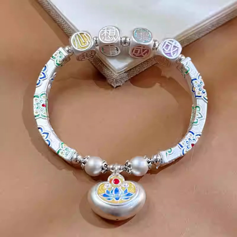 999 Pure Silver Enamel Flower Bracelet – Adjustable Curved Tube Hand Chain for Women | Wish Fulfillment Jewelry