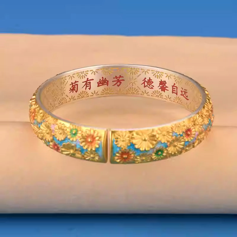 999 Pure Silver Enamel Daisy Bangle – Gold-Outlined Floral Cuff Bracelet for Women | Traditional Chinese Handcrafted Jewelry