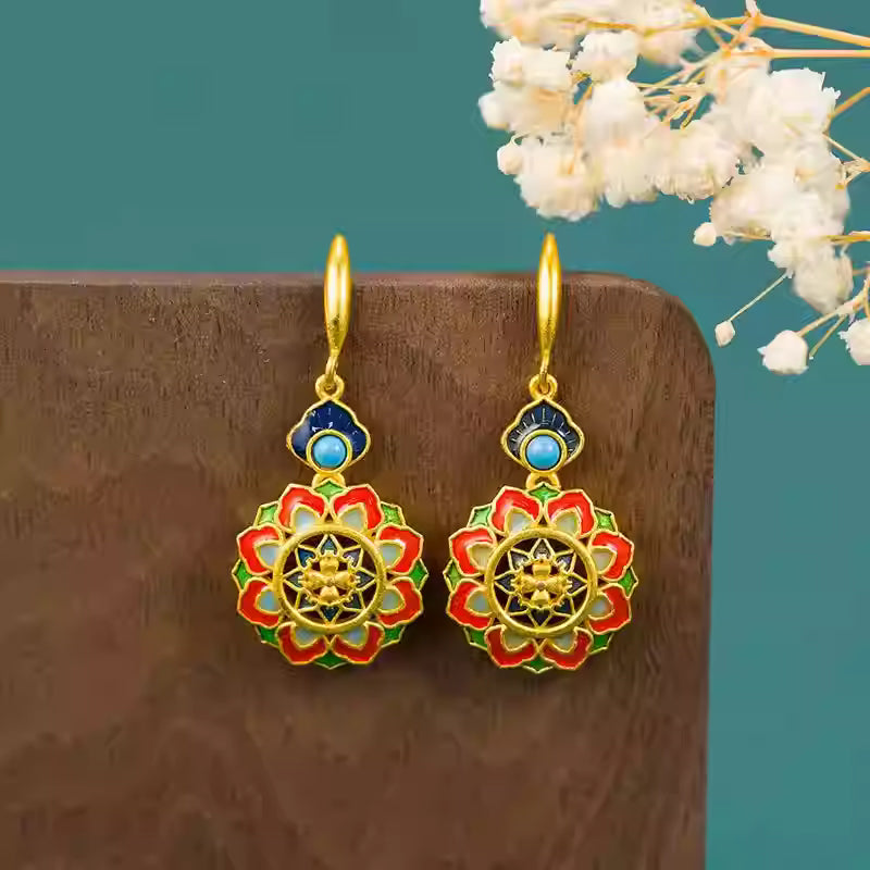 925 Sterling Silver Enamel Longevity Lock Earrings – Red Dunhuang-Inspired New Chinese Vintage Drop Earrings for Women