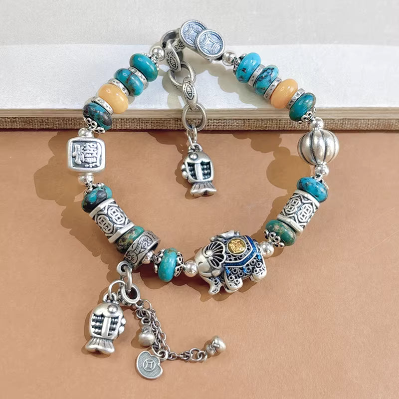 Chinese Turquoise & Beeswax Tassel Bracelet – Handmade Feng Shui Jewelry for Protection, Balance & Good Fortune