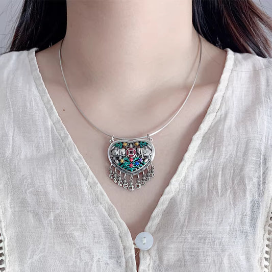 Ethnic Vintage Heart Necklace with Cloisonné Enamel Coin Pendant – 999 Sterling Silver